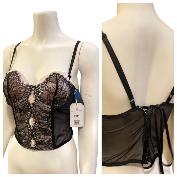 NWT DELICATES Black and Pink Lace Up Bustier, size 36B - Picture 1 of 12